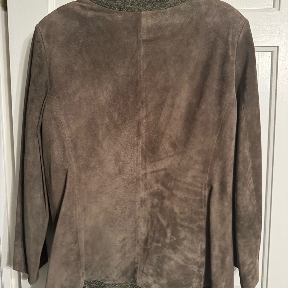Oscar de la Renta Suede Jacket Olive Green Embroidered Vintage Tunic Coat SZ 12 - Picture 3 of 8